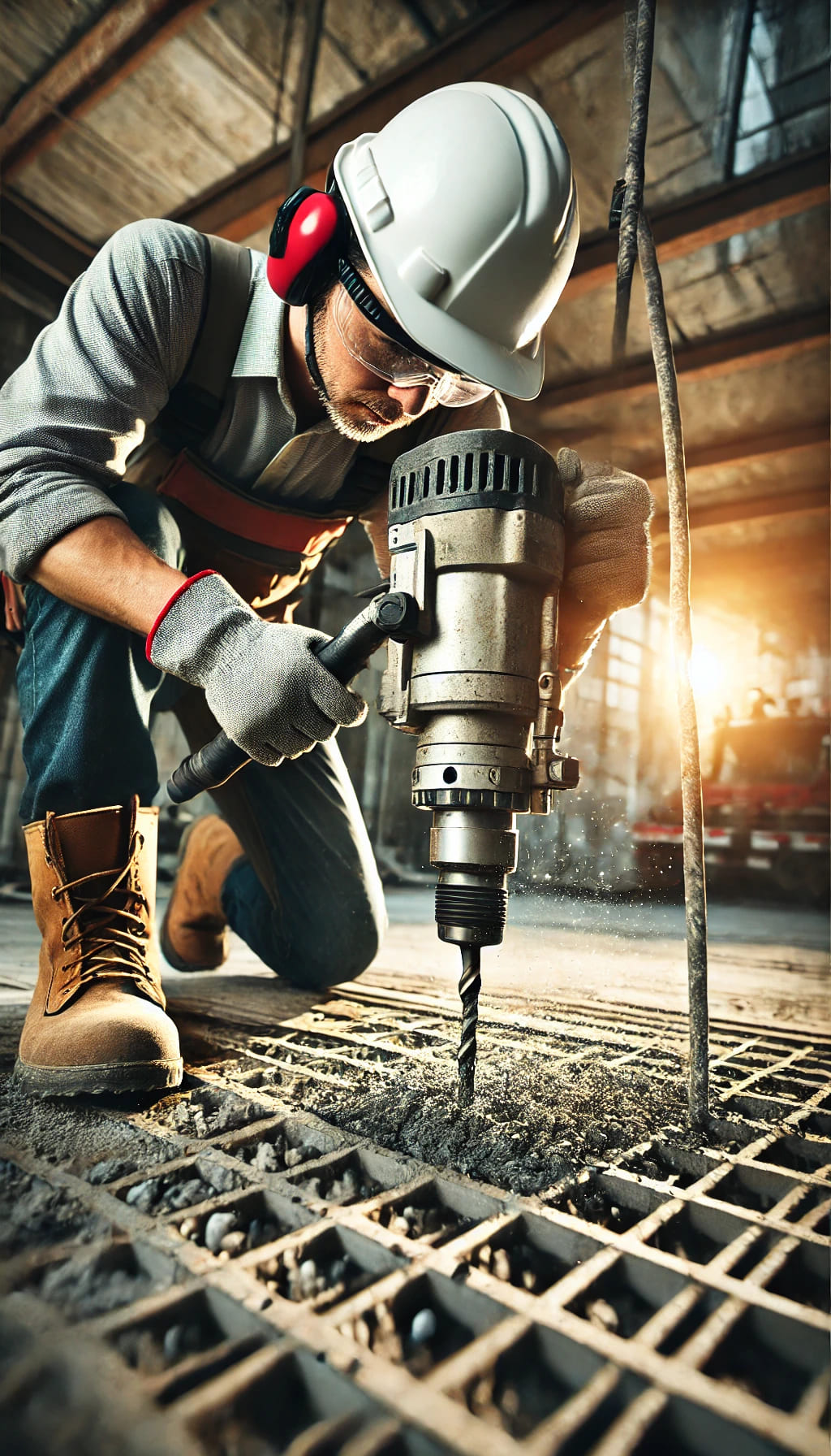DALL·E 2025-03-25 00.52.08 - An industrial worker performing core cutting on a concrete surface using a heavy-duty core drilling machine