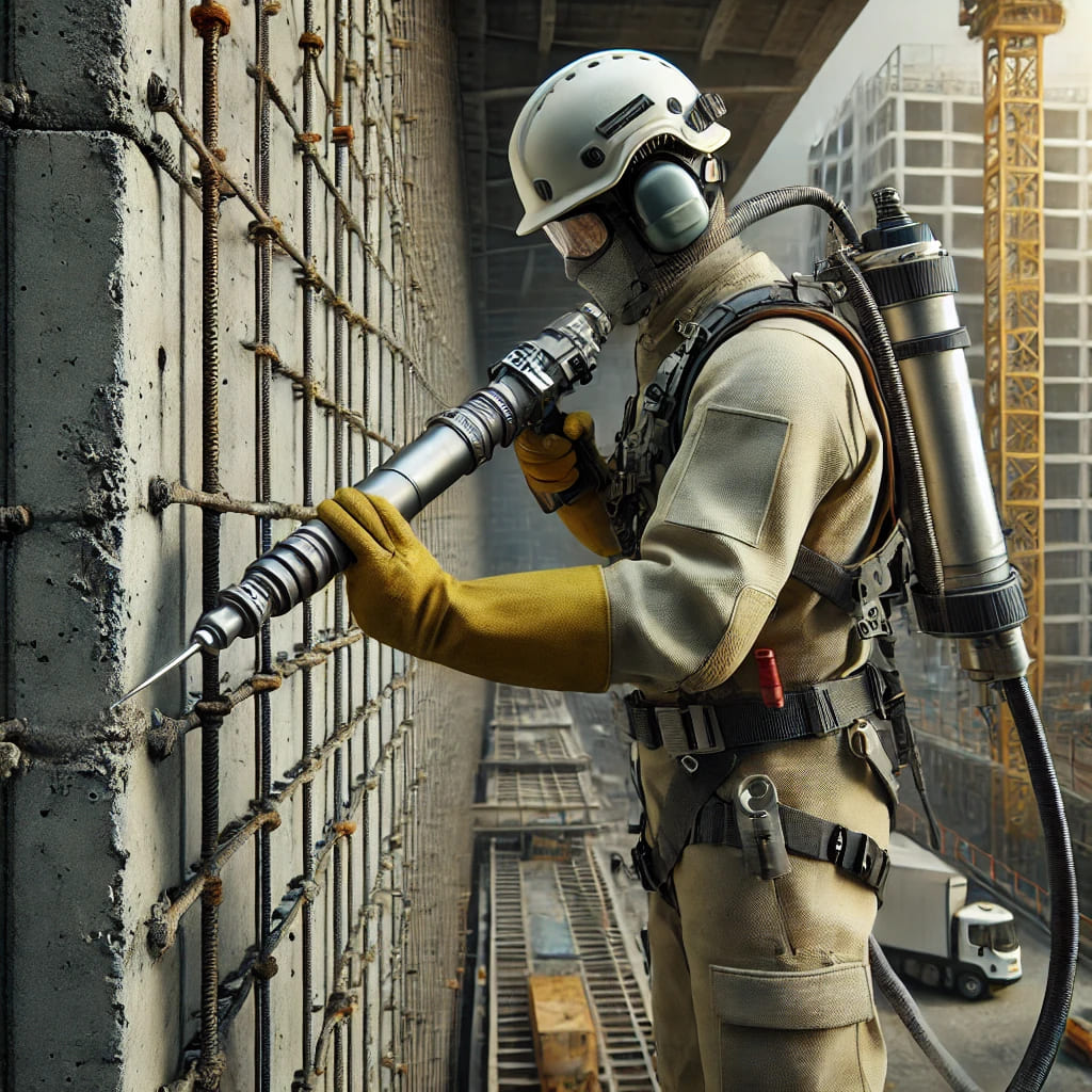 DALL·E 2025-03-25 01.00.14 - A construction worker performing chemical anchoring on a concrete wall, using a specialized adhesive injection system