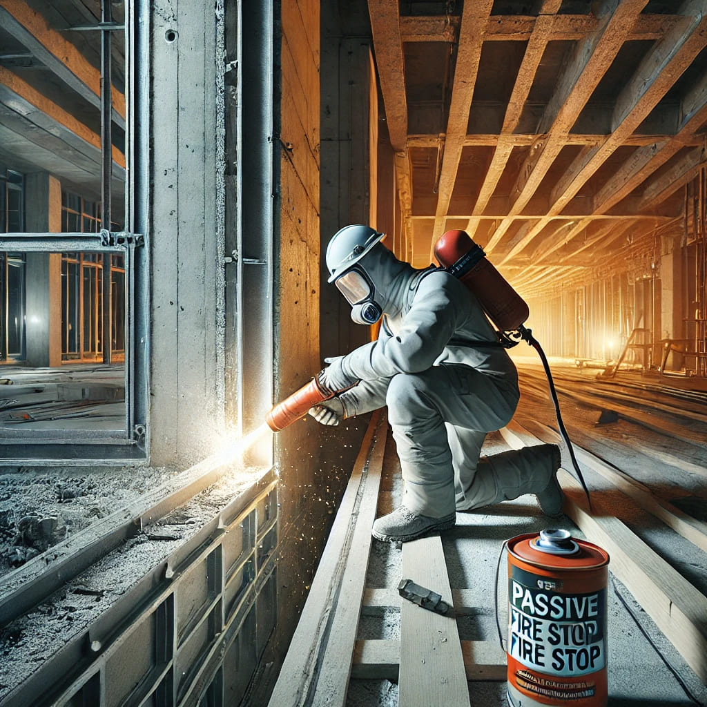DALL·E 2025-03-25 01.02.56 - A highly realistic image of a construction worker applying passive fire stop solutions in a building